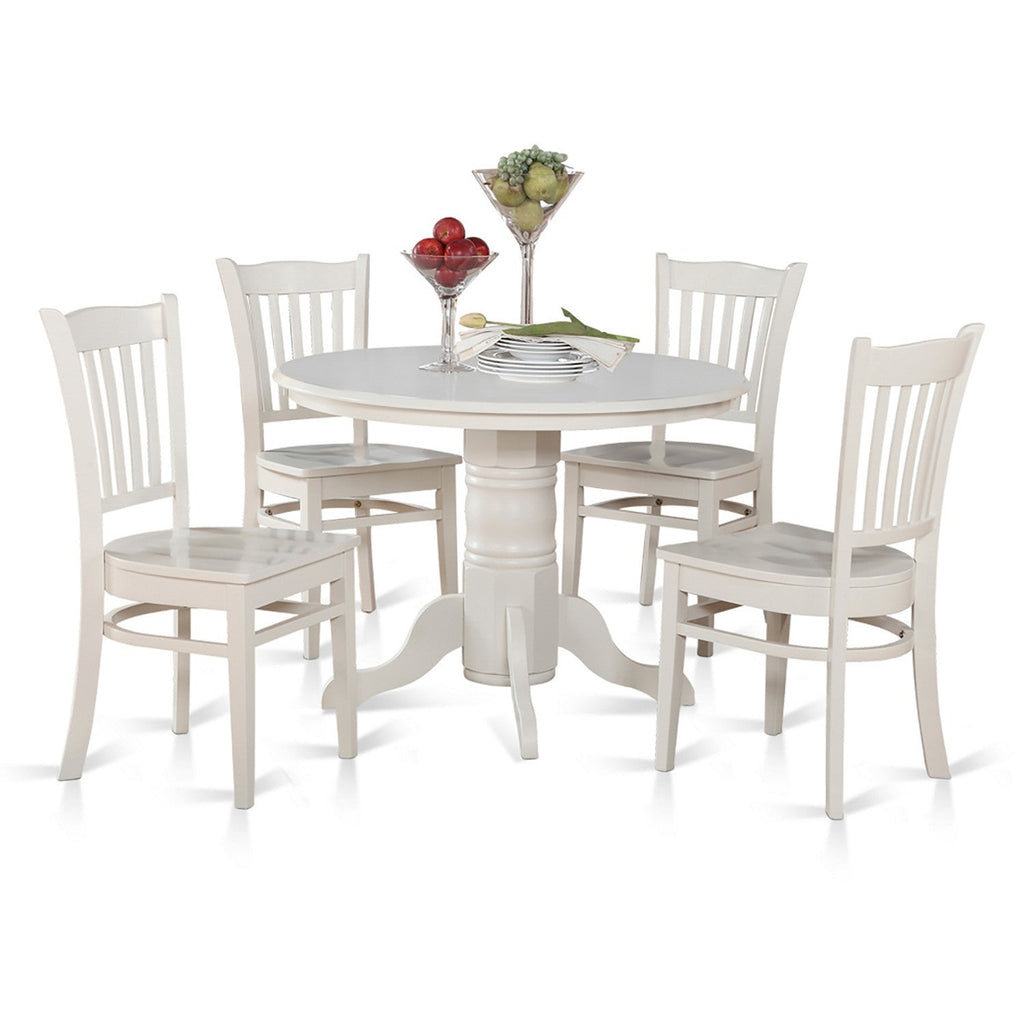 East West Furniture SHGR5-WHI-W 5 Piece Kitchen Table & Chairs Set Includes a Round Dining Room Table with Pedestal and 4 Solid Wood Seat Chairs, 42x42 Inch, Linen White