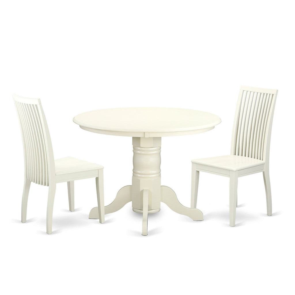 East West Furniture SHIP3-LWH-W 3 Piece Dinette Set for Small Spaces Contains a Round Kitchen Table with Pedestal and 2 Dining Chairs, 42x42 Inch, Linen White