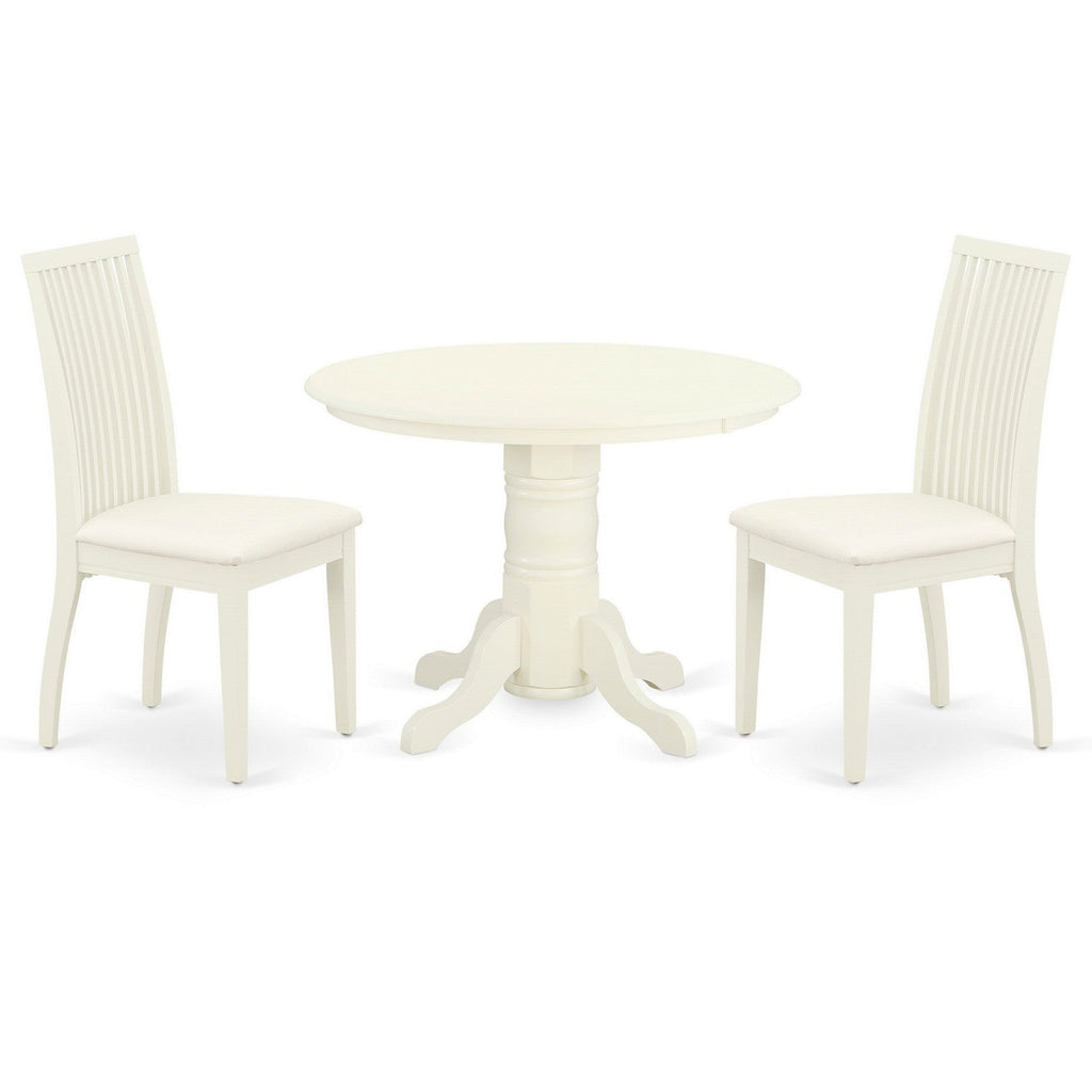 East West Furniture SHIP3-WHI-C 3 Piece Dinette Set for Small Spaces Contains a Round Dining Room Table with Pedestal and 2 Linen Fabric Kitchen Dining Chairs, 42x42 Inch, Linen White