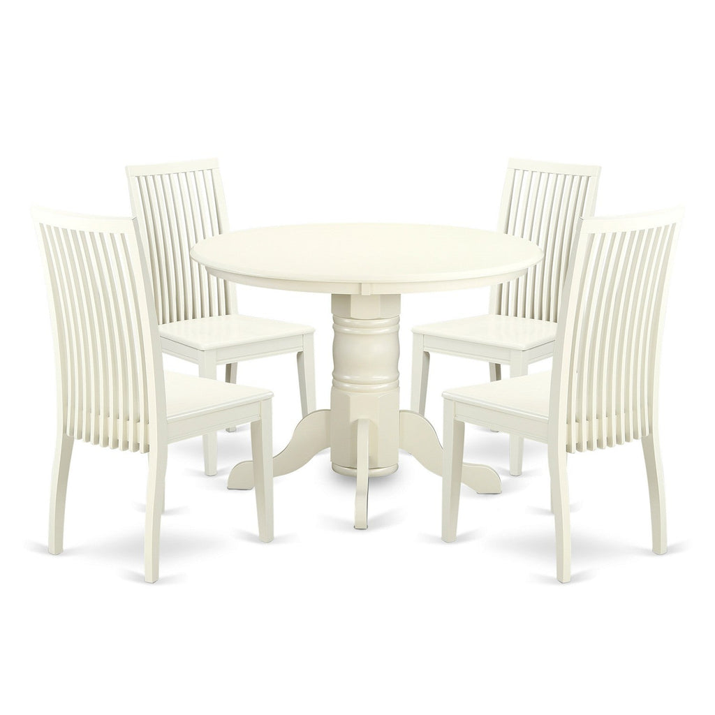 East West Furniture SHIP5-LWH-W 5 Piece Dining Room Table Set Includes a Round Wooden Table with Pedestal and 4 Kitchen Dining Chairs, 42x42 Inch, Linen White