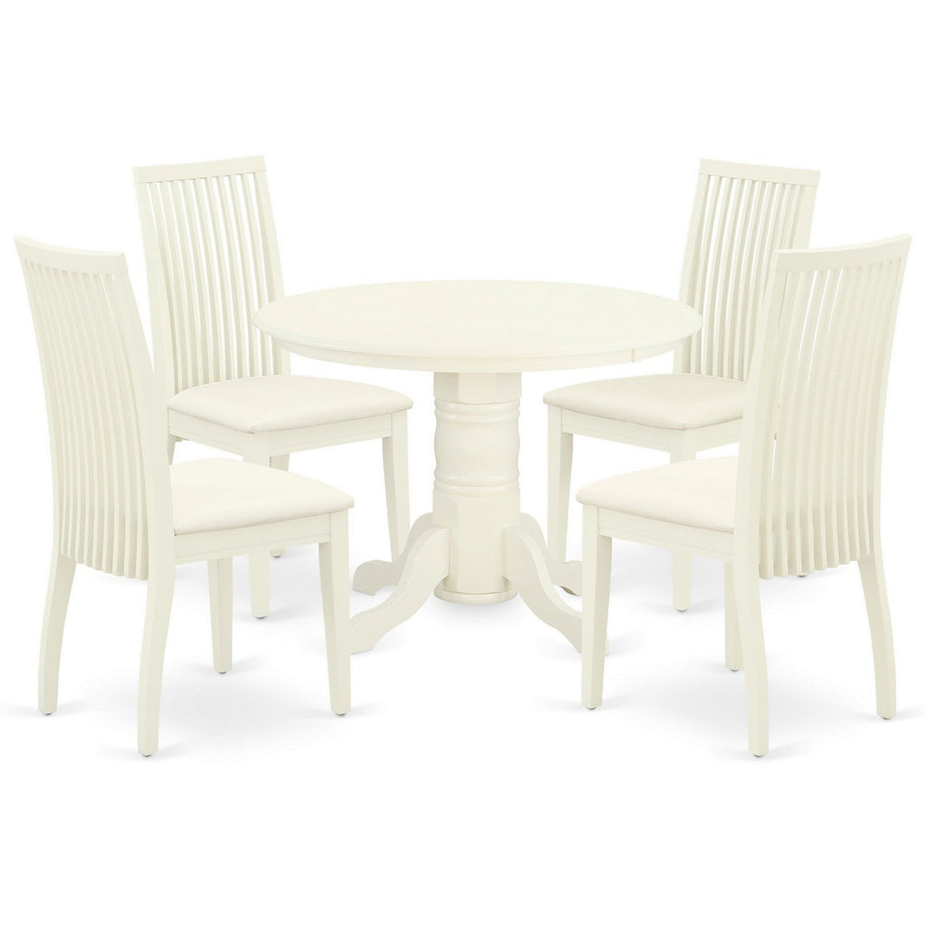 East West Furniture SHIP5-WHI-C 5 Piece Dining Room Furniture Set Includes a Round Kitchen Table with Pedestal and 4 Linen Fabric Upholstered Dining Chairs, 42x42 Inch, Linen White