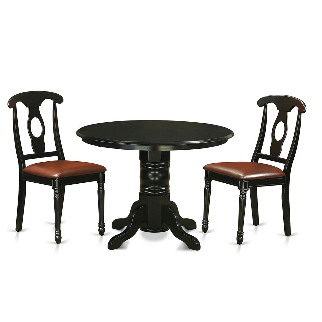 East West Furniture SHKE3-BLK-LC 3 Piece Kitchen Table & Chairs Set Contains a Round Dining Room Table with Pedestal and 2 Faux Leather Dining Room Chairs, 42x42 Inch, Black