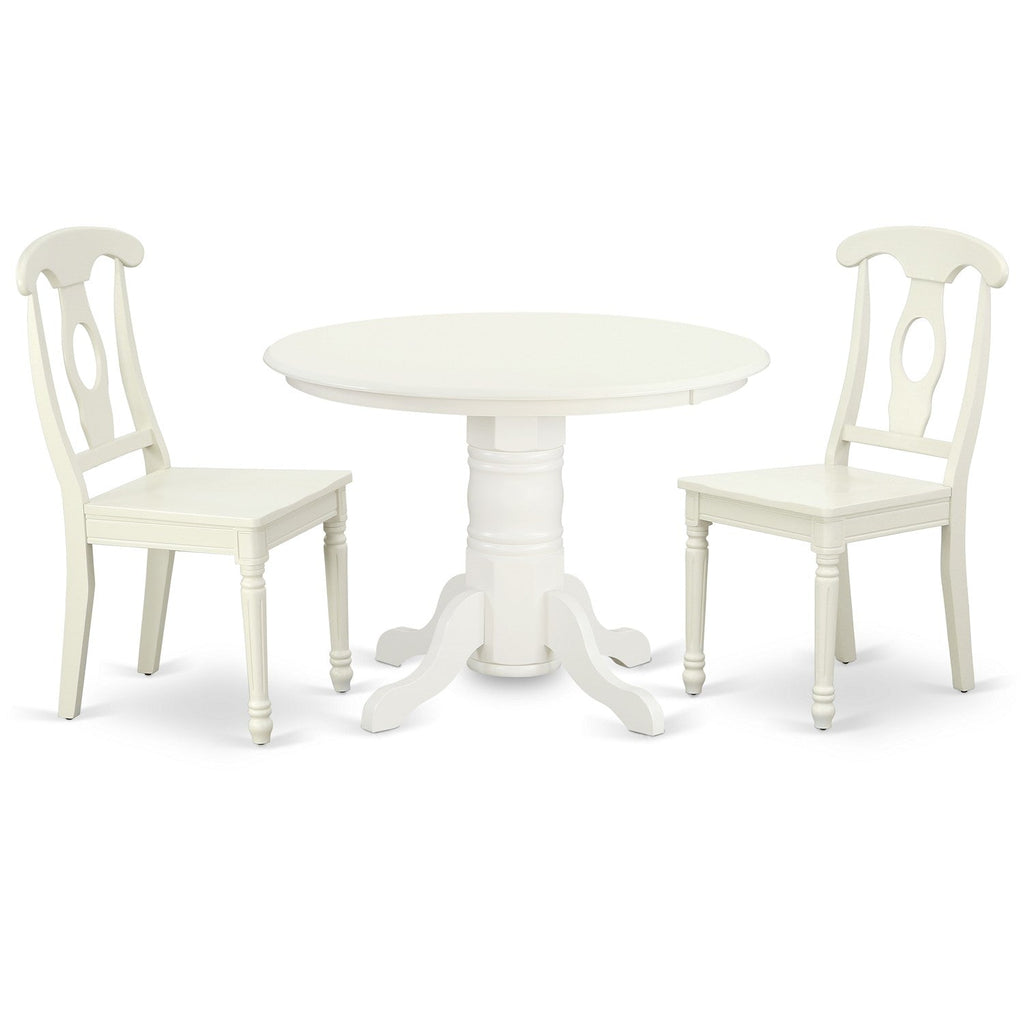 East West Furniture SHKE3-LWH-W 3 Piece Kitchen Table Set for Small Spaces Contains a Round Dining Table with Pedestal and 2 Dining Room Chairs, 42x42 Inch, Linen White