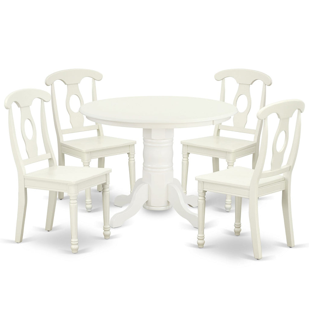 East West Furniture SHKE5-LWH-W 5 Piece Dinette Set for 4 Includes a Round Kitchen Table with Pedestal and 4 Kitchen Dining Chairs, 42x42 Inch, Linen White
