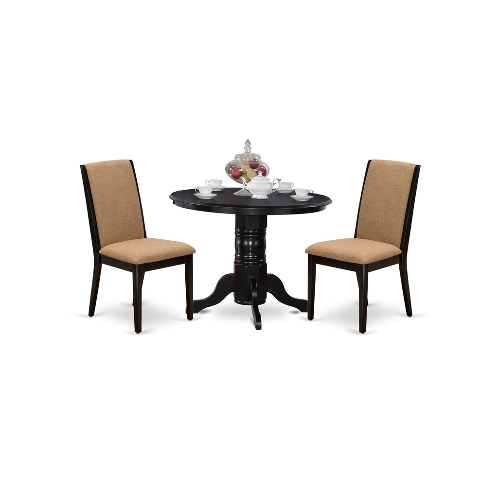 East West Furniture SHLA3-BLK-47 3 Piece Modern Dining Table Set Contains a Round Kitchen Table with Pedestal and 2 Light Sable Linen Fabric Parson Dining Chairs, 42x42 Inch, Black