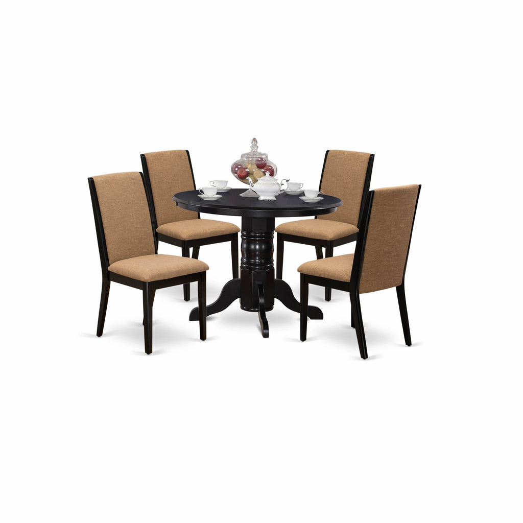 East West Furniture SHLA5-BLK-47 5 Piece Dining Table Set Includes a Round Dining Room Table with Pedestal and 4 Light Sable Linen Fabric Upholstered Chairs, 42x42 Inch, Black