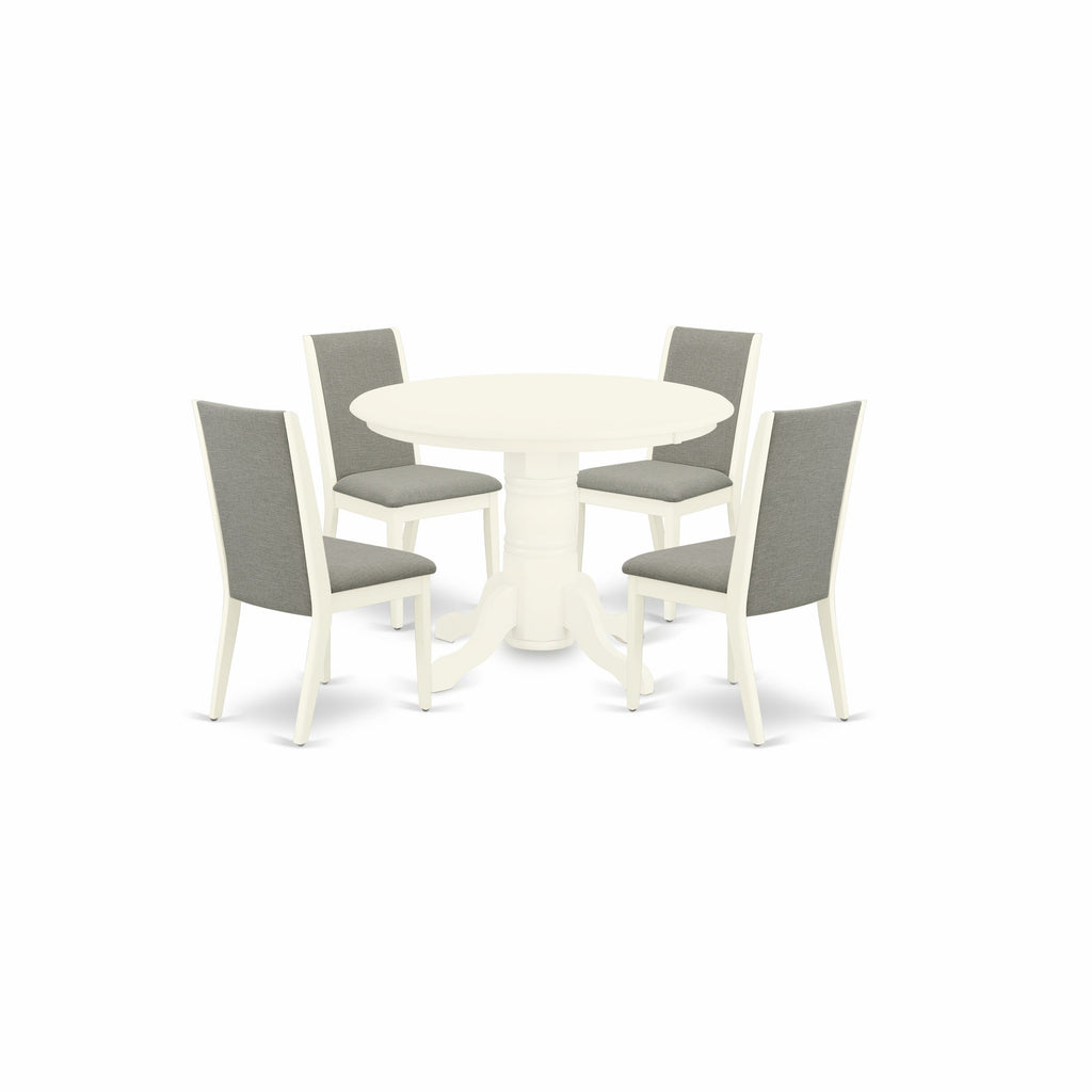 East West Furniture SHLA5-WHI-06 5 Piece Dining Room Table Set Includes a Round Kitchen Table with Pedestal and 4 Shitake Linen Fabric Parson Dining Chairs, 42x42 Inch, Linen White