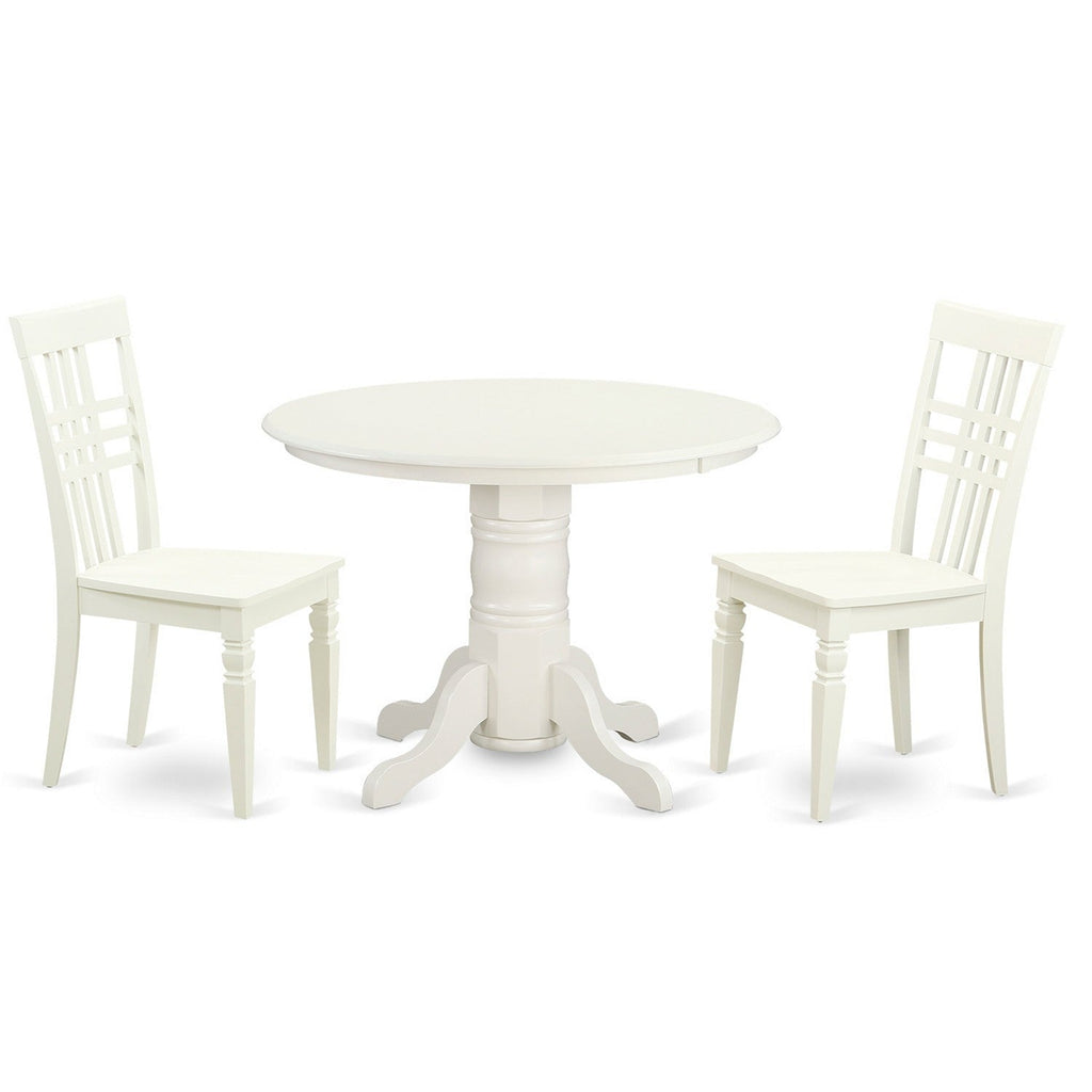 East West Furniture SHLG3-LWH-W 3 Piece Modern Dining Table Set Contains a Round Kitchen Table with Pedestal and 2 Dining Chairs, 42x42 Inch, Linen White