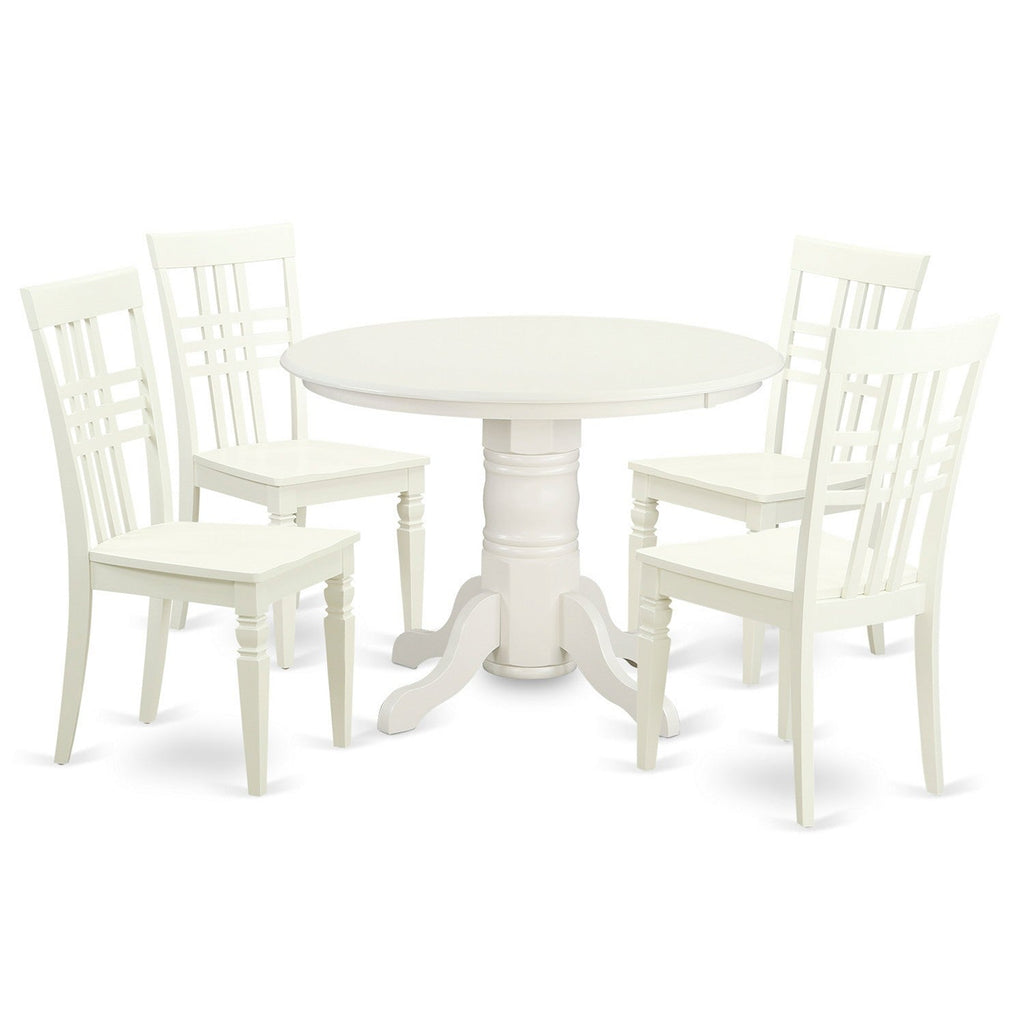 East West Furniture SHLG5-LWH-W 5 Piece Dining Room Table Set Includes a Round Wooden Table with Pedestal and 4 Kitchen Dining Chairs, 42x42 Inch, Linen White