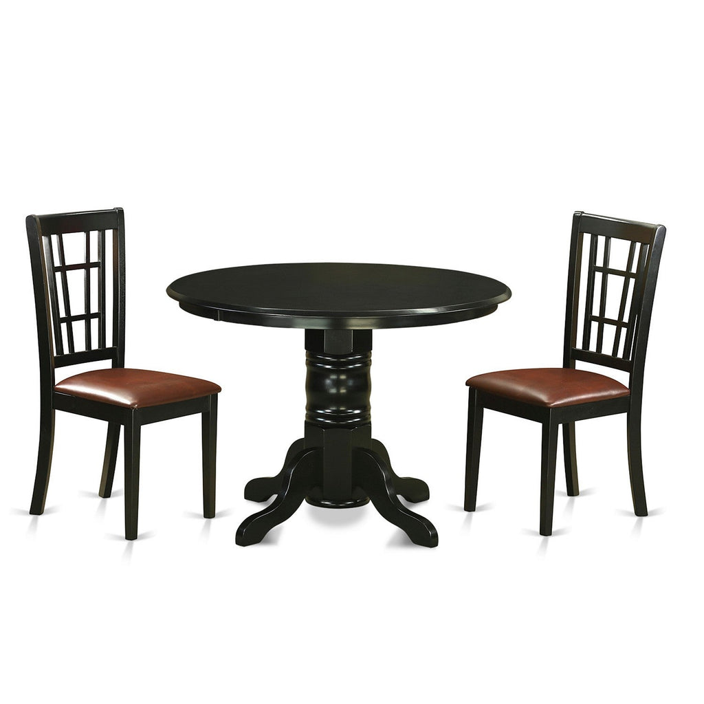 East West Furniture SHNI3-BLK-LC 3 Piece Kitchen Table Set for Small Spaces Contains a Round Dining Table with Pedestal and 2 Faux Leather Dining Room Chairs, 42x42 Inch, Black