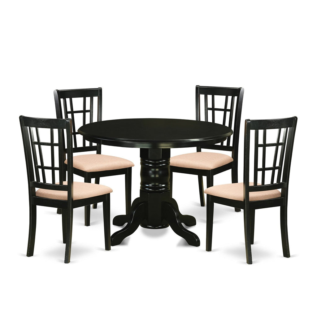 East West Furniture SHNI5-BLK-C 5 Piece Modern Dining Table Set Includes a Round Kitchen Table with Pedestal and 4 Linen Fabric Kitchen Dining Chairs, 42x42 Inch, Black