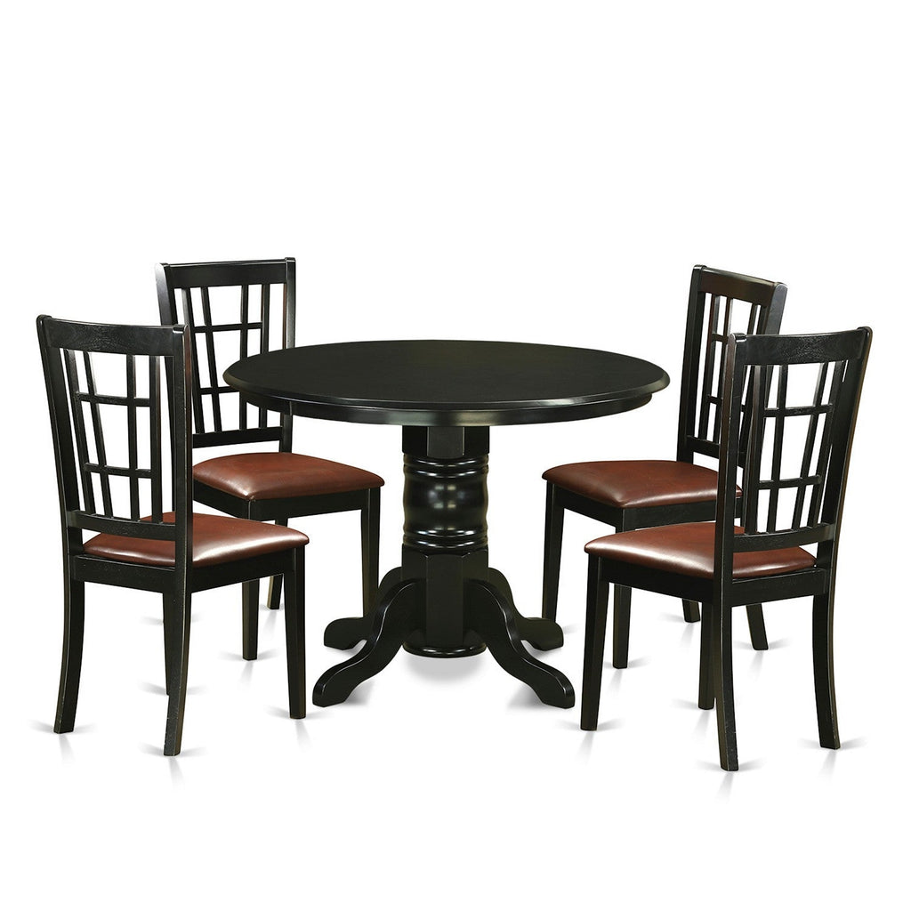 East West Furniture SHNI5-BLK-LC 5 Piece Modern Dining Table Set Includes a Round Kitchen Table with Pedestal and 4 Faux Leather Dining Room Chairs, 42x42 Inch, Black