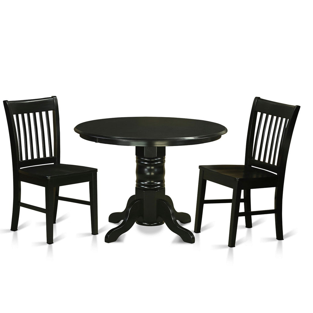 East West Furniture SHNO3-BLK-W 3 Piece Dining Room Furniture Set Contains a Round Dining Table with Pedestal and 2 Wood Seat Chairs, 42x42 Inch, Black