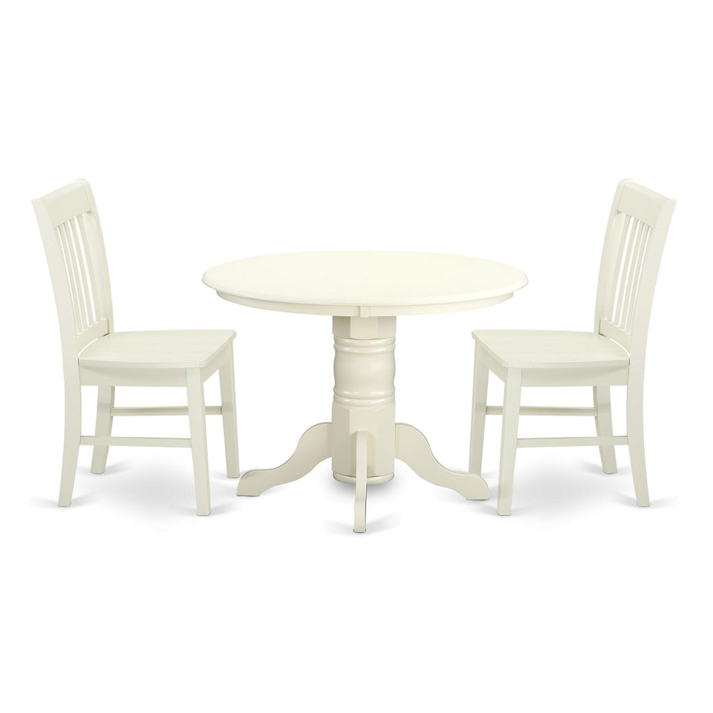 East West Furniture SHNO3-LWH-W 3 Piece Modern Dining Table Set Contains a Round Kitchen Table with Pedestal and 2 Dining Room Chairs, 42x42 Inch, Linen White