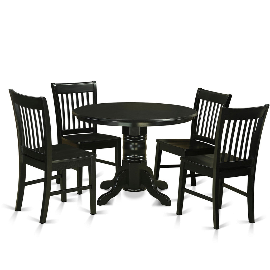 East West Furniture SHNO5-BLK-W 5 Piece Dining Set Includes a Round Dining Room Table with Pedestal and 4 Wood Seat Chairs, 42x42 Inch, Black