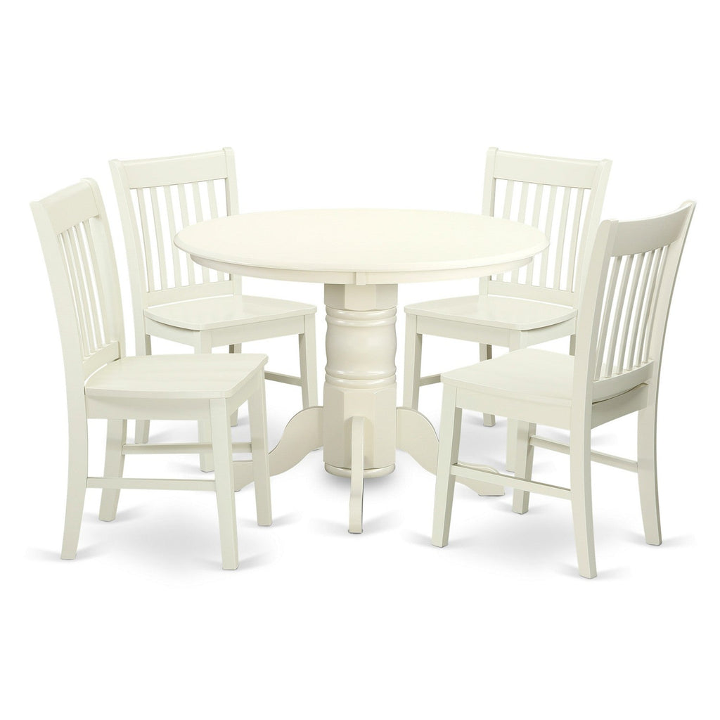 East West Furniture SHNO5-LWH-W 5 Piece Kitchen Table & Chairs Set Includes a Round Dining Room Table with Pedestal and 4 Solid Wood Seat Chairs, 42x42 Inch, Linen White