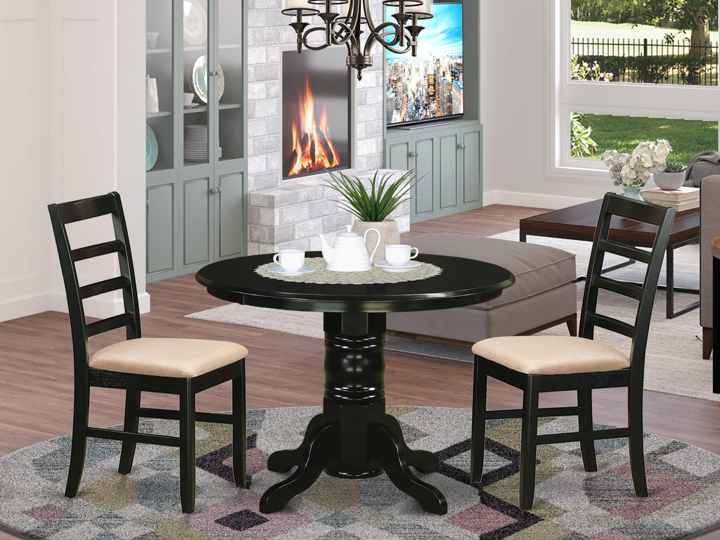 East West Furniture SHPF3-BLK-C 3 Piece Dining Table Set for Small Spaces Contains a Round Kitchen Table with Pedestal and 2 Linen Fabric Kitchen Dining Chairs, 42x42 Inch, Black