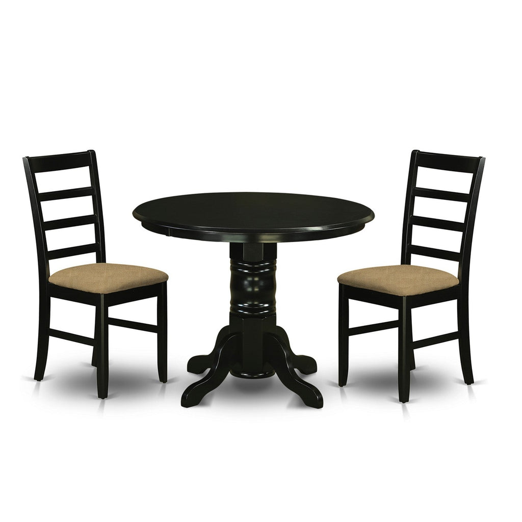 East West Furniture SHPF3-BLK-C 3 Piece Dining Table Set for Small Spaces Contains a Round Kitchen Table with Pedestal and 2 Linen Fabric Kitchen Dining Chairs, 42x42 Inch, Black