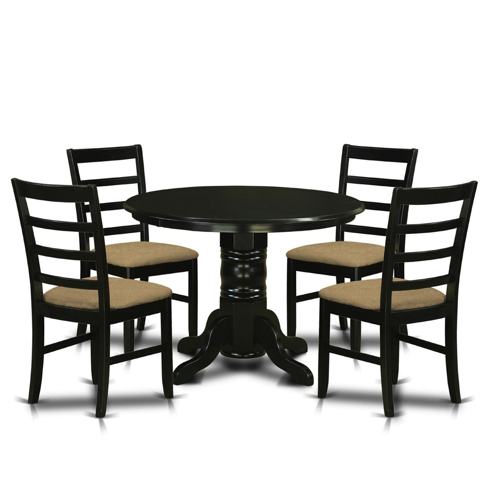 East West Furniture SHPF5-BLK-C 5 Piece Dining Table Set for 4 Includes a Round Kitchen Table with Pedestal and 4 Linen Fabric Kitchen Dining Chairs, 42x42 Inch, Black