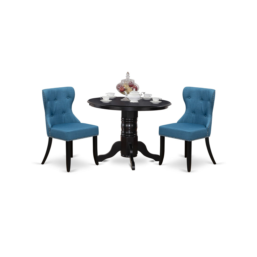 East West Furniture SHSI3-BLK-21 3 Piece Kitchen Table Set for Small Spaces Contains a Round Dining Table with Pedestal and 2 Blue Linen Fabric Parson Chairs, 42x42 Inch, Black