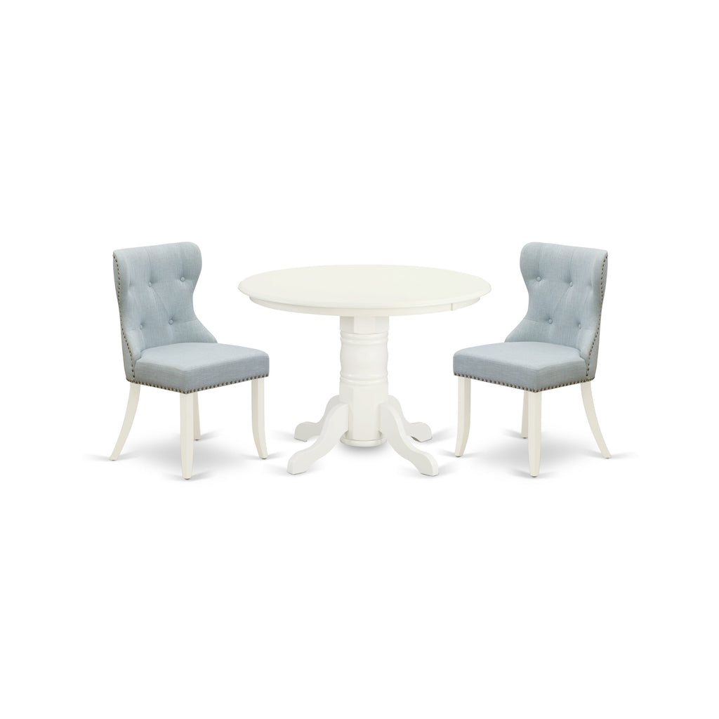 East West Furniture SHSI3-WHI-15 3 Piece Dining Room Table Set Contains a Round Wooden Table with Pedestal and 2 Baby Blue Linen Fabric Upholstered Chairs, 42x42 Inch, Linen White