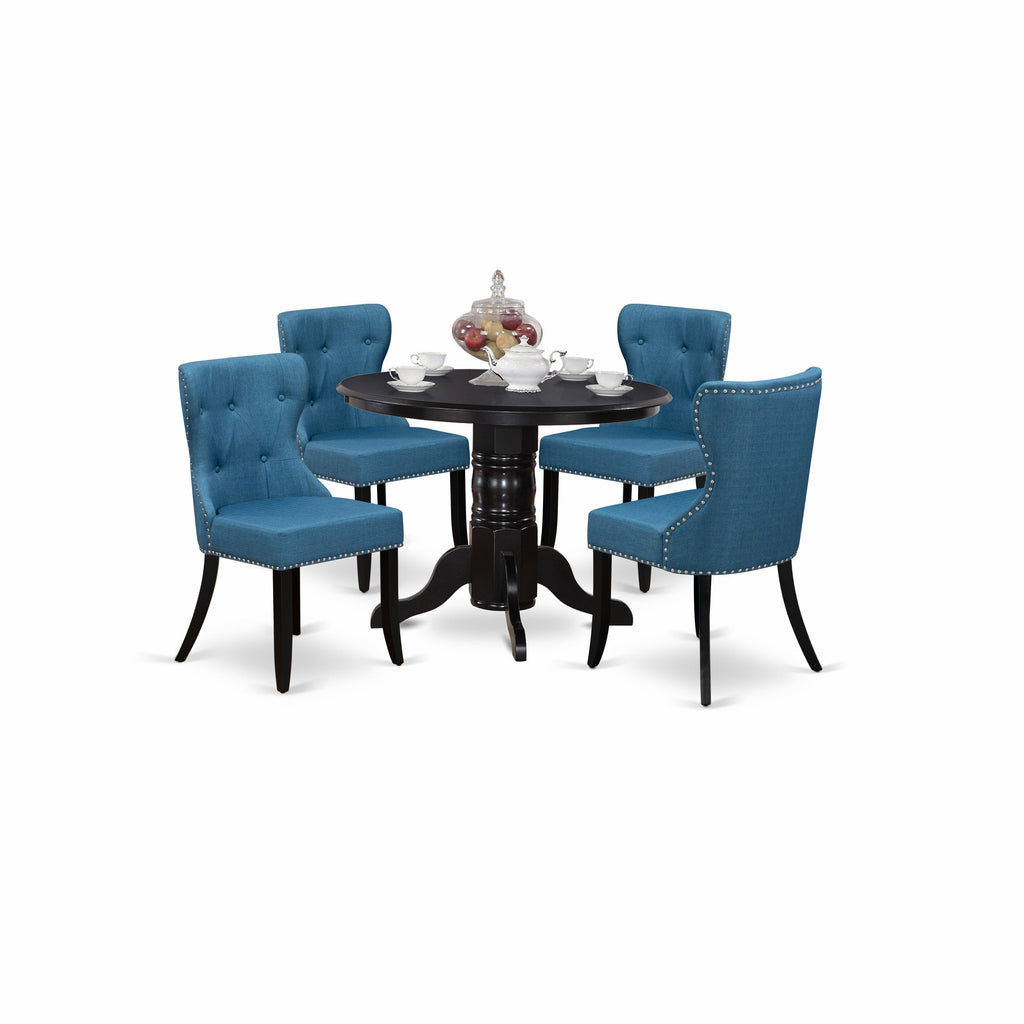 East West Furniture SHSI5-BLK-21 5 Piece Dining Table Set for 4 Includes a Round Kitchen Table with Pedestal and 4 Blue Linen Fabric Parsons Dining Chairs, 42x42 Inch, Black