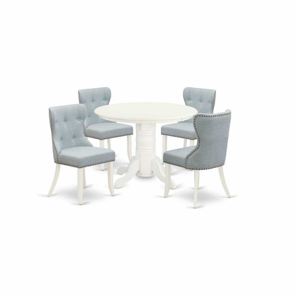East West Furniture SHSI5-WHI-15 5 Piece Dining Table Set for 4 Includes a Round Kitchen Table with Pedestal and 4 Baby Blue Linen Fabric Parson Dining Chairs, 42x42 Inch, Linen White
