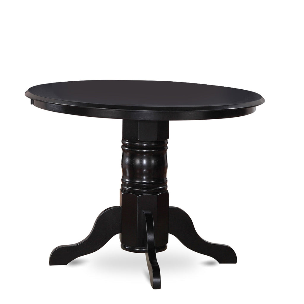 East West Furniture SHAB3-BLK-06 3 Piece Modern Dining Table Set Contains a Round Kitchen Table with Pedestal and 2 Shitake Linen Fabric Parson Dining Chairs, 42x42 Inch, Black