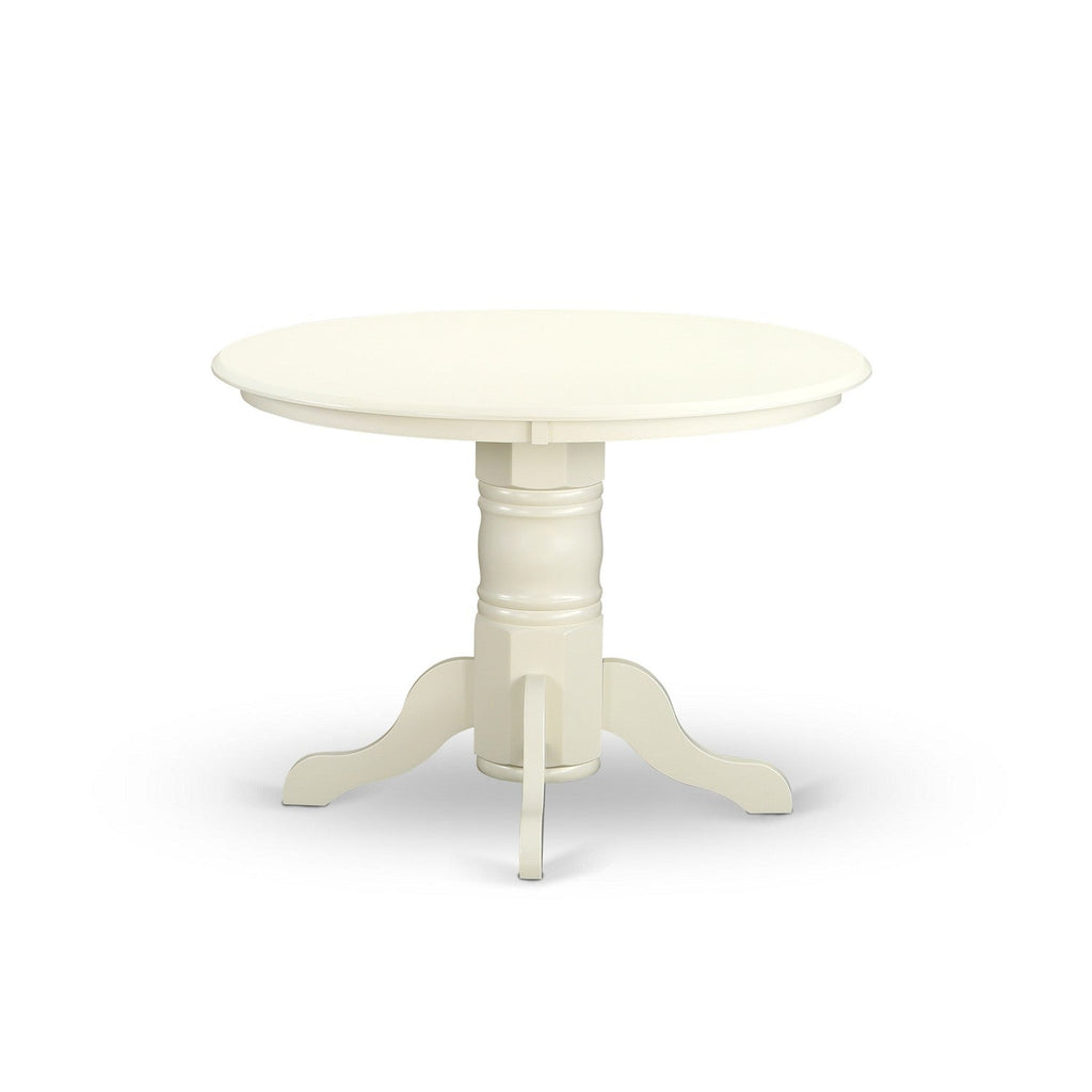 East West Furniture SHLA3-WHI-06 3 Piece Dining Table Set for Small Spaces Contains a Round Kitchen Table with Pedestal and 2 Shitake Linen Fabric Upholstered Chairs, 42x42 Inch, Linen White