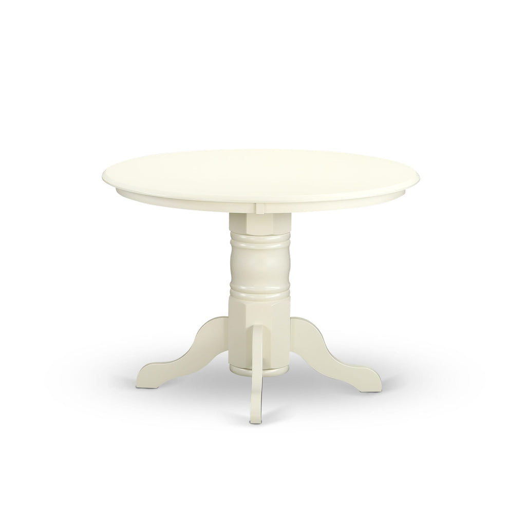 East West Furniture SHDA3-WHI-23 3 Piece Dining Room Table Set Consists of a Round Dining Table with Pedestal and 2 Upholstered Chairs, 42x42 Inch, linen white