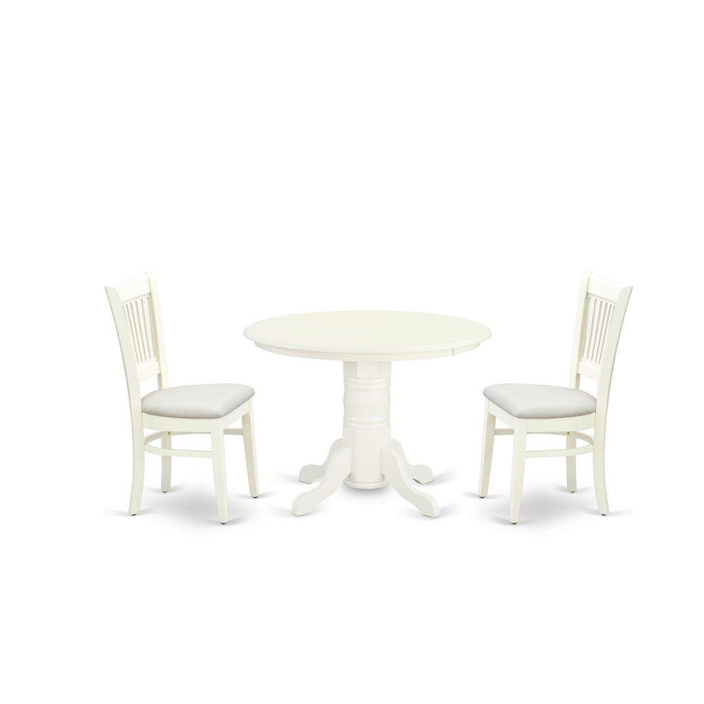 East West Furniture SHVA3-LWH-C 3 Piece Dining Room Table Set Contains a Round Kitchen Table with Pedestal and 2 Linen Fabric Upholstered Dining Chairs, 42x42 Inch, Linen White