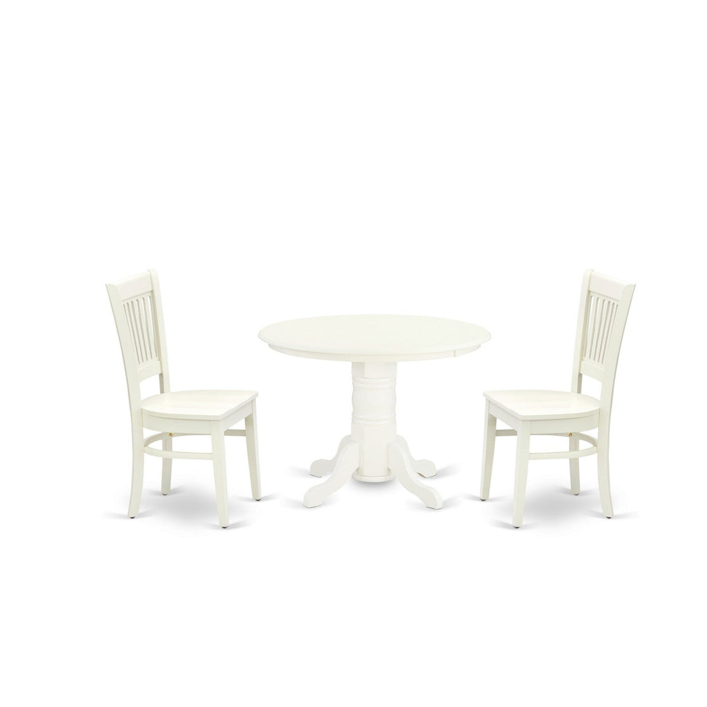 East West Furniture SHVA3-LWH-W 3 Piece Modern Dining Table Set Contains a Round Kitchen Table with Pedestal and 2 Kitchen Dining Chairs, 42x42 Inch, Linen White