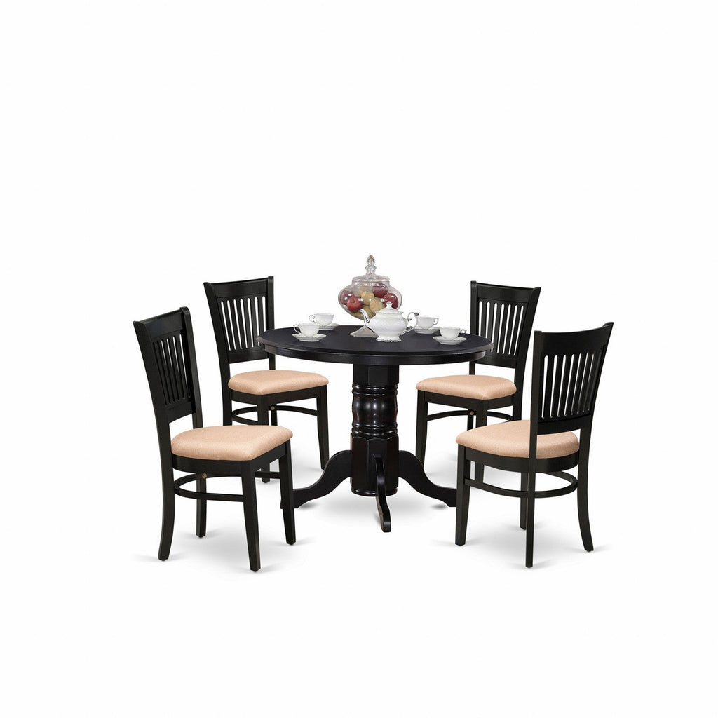 East West Furniture SHVA5-BLK-C 5 Piece Modern Dining Table Set Includes a Round Kitchen Table with Pedestal and 4 Linen Fabric Upholstered Dining Chairs, 42x42 Inch, Black