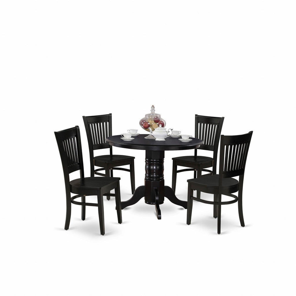 East West Furniture SHVA5-BLK-W 5 Piece Dining Set Includes a Round Kitchen Table with Pedestal and 4 Dining Room Chairs, 42x42 Inch, Black