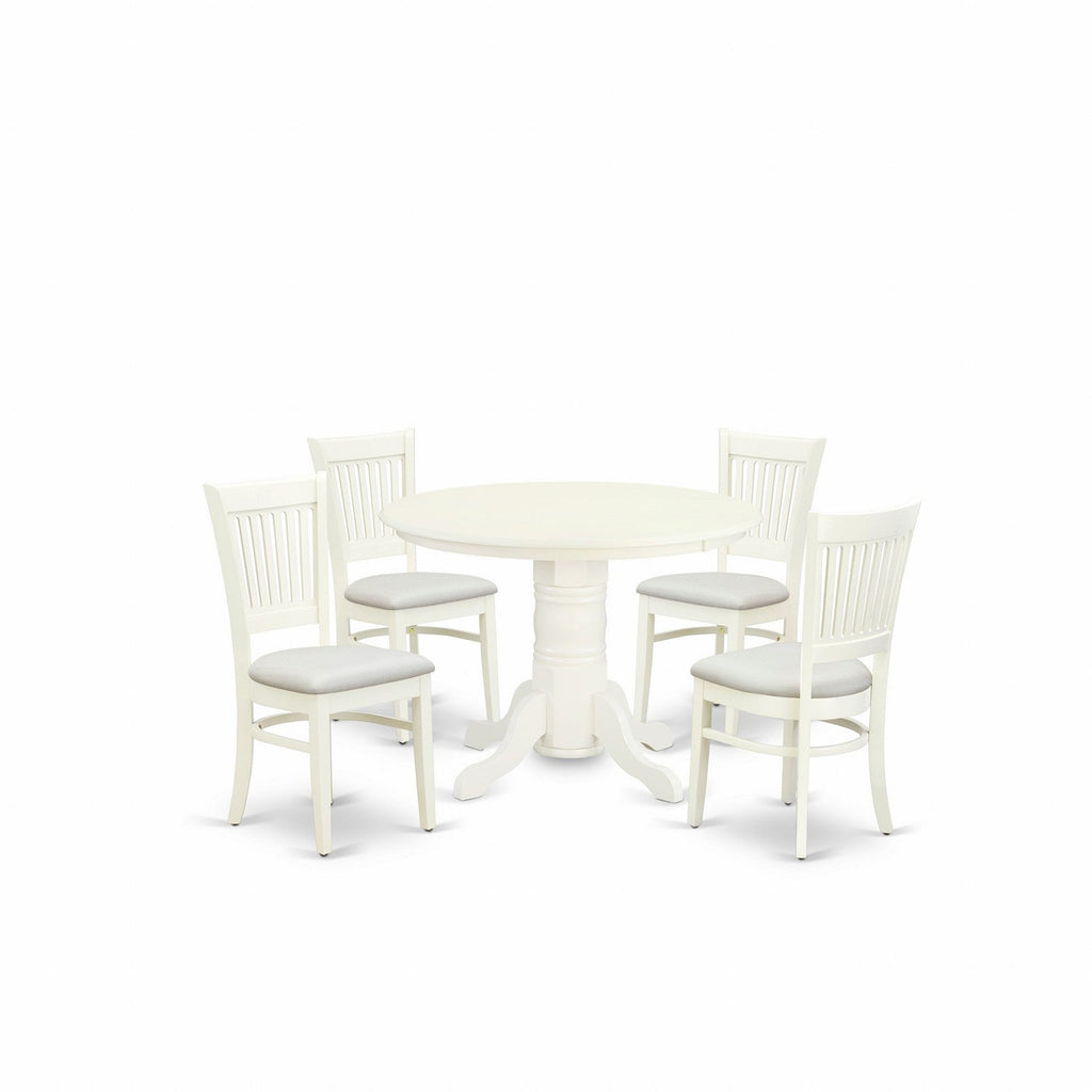 East West Furniture SHVA5-LWH-C 5 Piece Kitchen Table Set for 4 Includes a Round Dining Room Table with Pedestal and 4 Linen Fabric Upholstered Dining Chairs, 42x42 Inch, Linen White