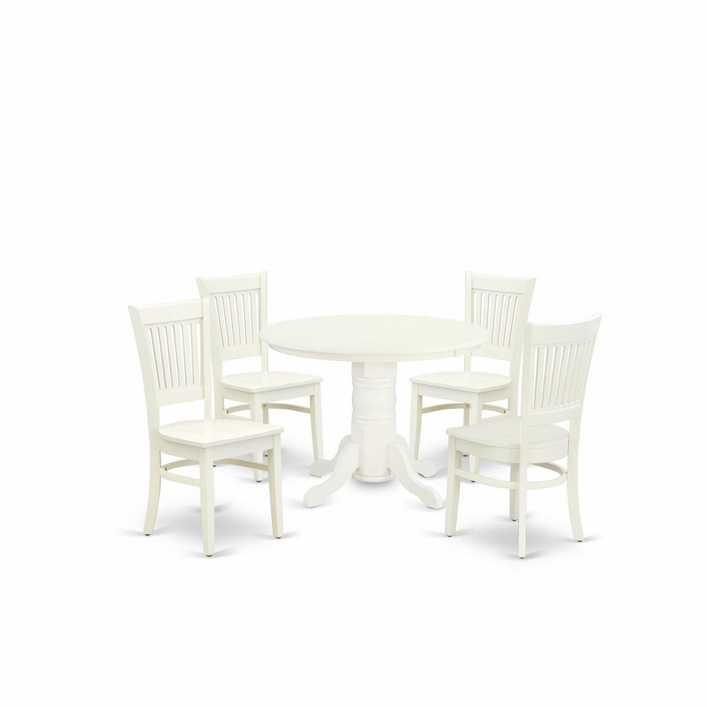 East West Furniture SHVA5-LWH-W 5 Piece Kitchen Table & Chairs Set Includes a Round Dining Room Table with Pedestal and 4 Solid Wood Seat Chairs, 42x42 Inch, Linen White