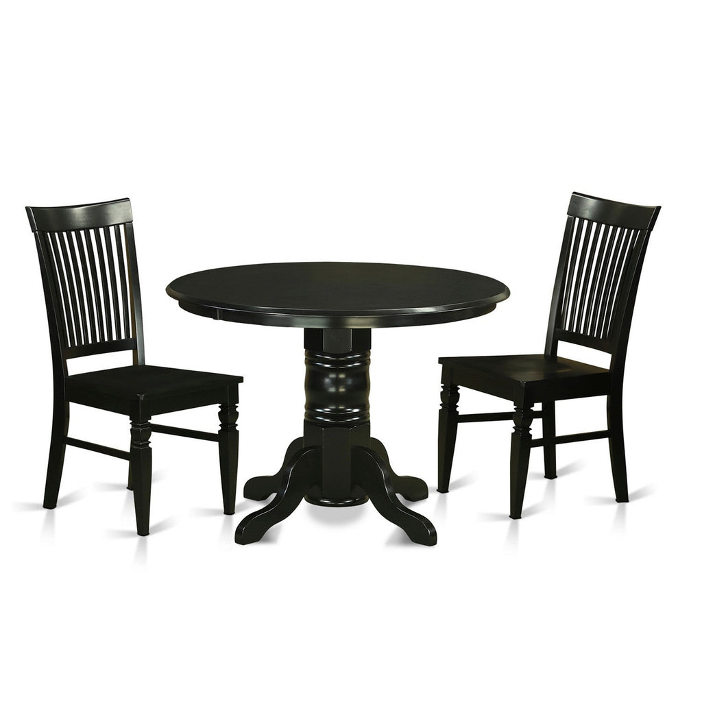 East West Furniture SHWE3-BLK-W 3 Piece Kitchen Table & Chairs Set Contains a Round Dining Room Table with Pedestal and 2 Dining Room Chairs, 42x42 Inch, Black
