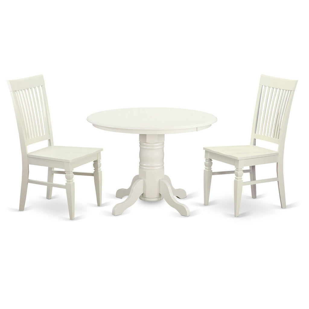 East West Furniture SHWE3-WHI-W 3 Piece Dining Room Table Set Contains a Round Kitchen Table with Pedestal and 2 Dining Chairs, 42x42 Inch, Linen White