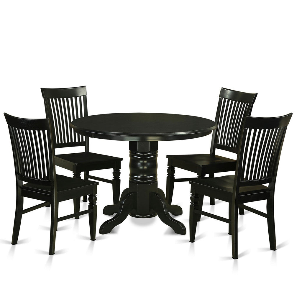 East West Furniture SHWE5-BLK-W 5 Piece Dining Room Furniture Set Includes a Round Dining Table with Pedestal and 4 Wood Seat Chairs, 42x42 Inch, Black