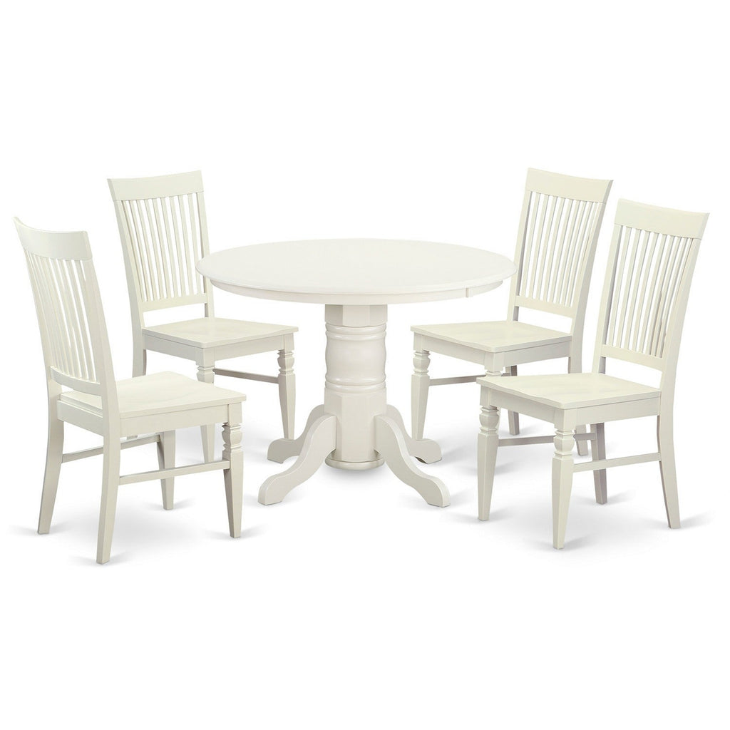 East West Furniture SHWE5-WHI-W 5 Piece Modern Dining Table Set Includes a Round Kitchen Table with Pedestal and 4 Dining Chairs, 42x42 Inch, Linen White
