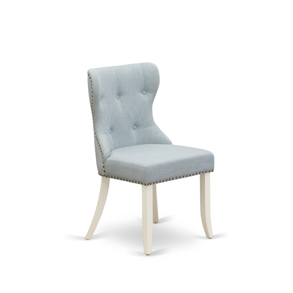 East West Furniture V026SI215-7 7-Pc Modern Dining Set- 6 Upholstered Dining Chairs with Baby Blue Linen Fabric Seat and Button Tufted Chair Back - Rectangular Table Top & Wooden Legs - Linen White Finish