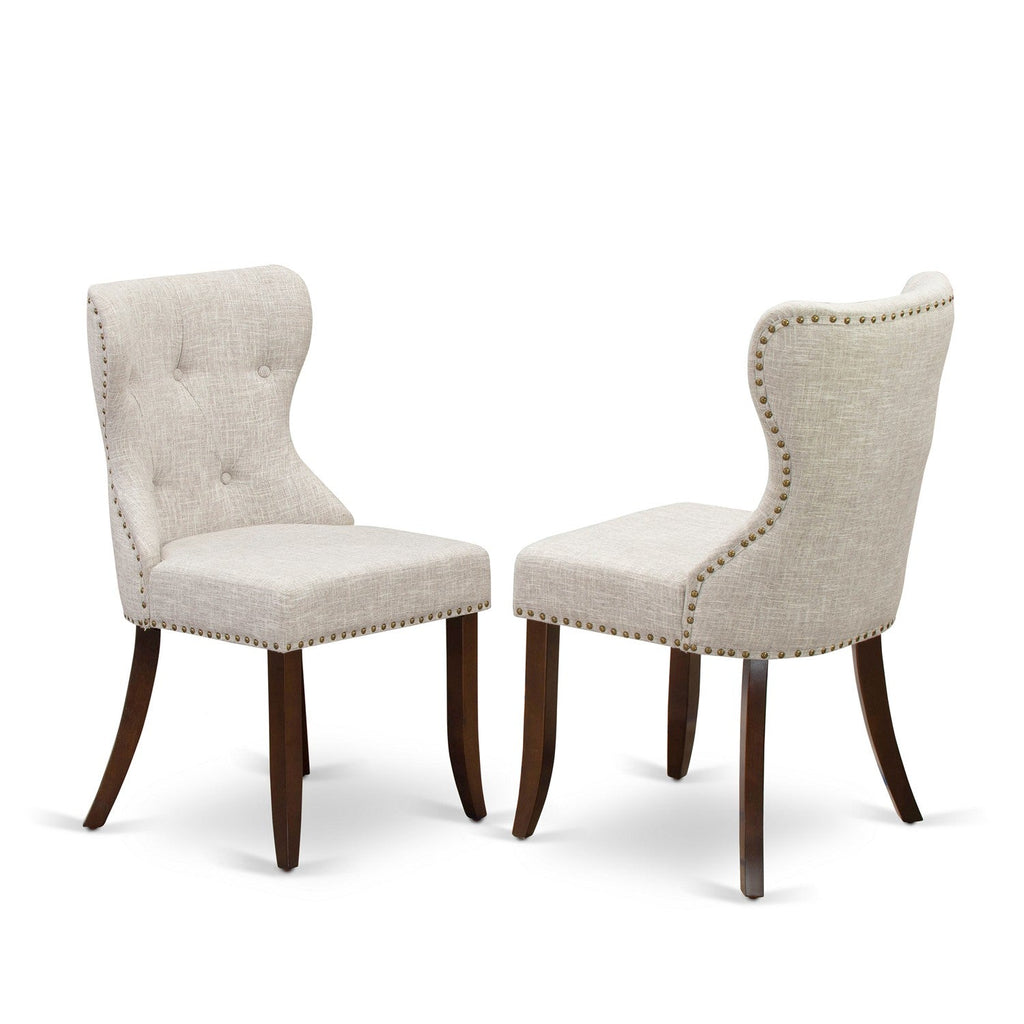 East West Furniture SIP3T35 Sion Parson Dining Room Chairs - Button Tufted Nailhead Trim Doeskin Linen Fabric Upholstered Chairs, Set of 2, Mahogany