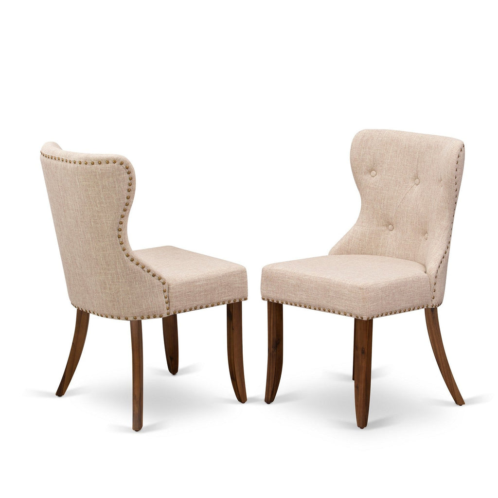 East West Furniture SIP8T04 Sion Parsons Dining Chairs - Button Tufted Nailhead Trim Light Tan Linen Fabric Upholstered Chairs, Set of 2, Walnut