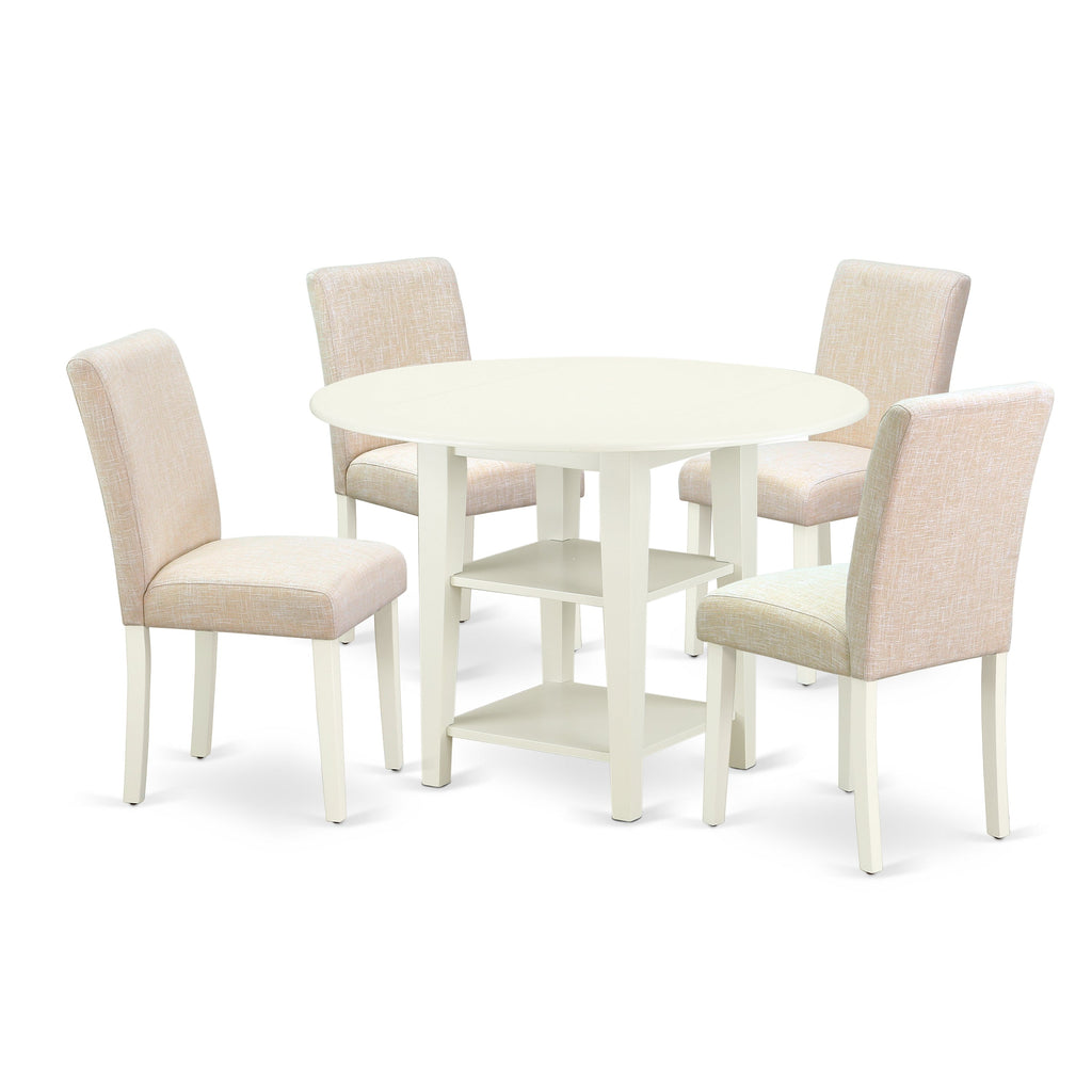 East West Furniture SUAB5-LWH-02 5 Piece Kitchen Table Set Includes a Round Dining Table with Dropleaf & Shelves and 4 Light Beige Linen Fabric Upholstered Chairs, 42x42 Inch, Linen White