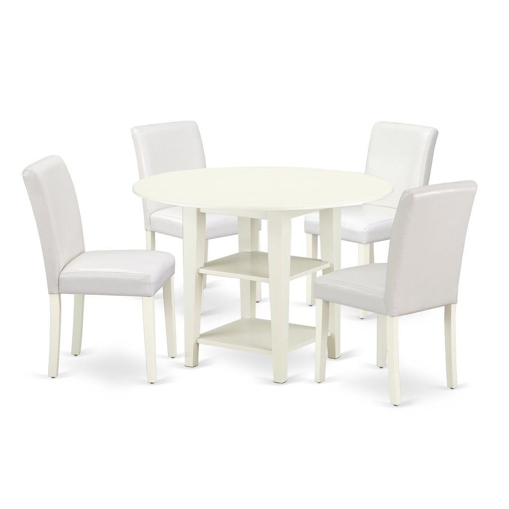 East West Furniture SUAB5-LWH-64 5 Piece Dining Table Set Includes a Round Dining Room Table with Dropleaf & Shelves and 4 White Faux Leather Parsons Chairs, 42x42 Inch, Linen White