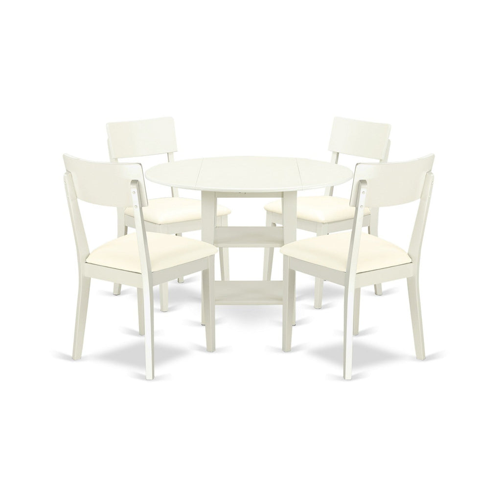 East West Furniture SUAD5-LWH-LC 5 Piece Dining Room Furniture Set Includes a Round Kitchen Table with Dropleaf & Shelves and 4 Faux Leather Upholstered Chairs, 42x42 Inch, Linen White