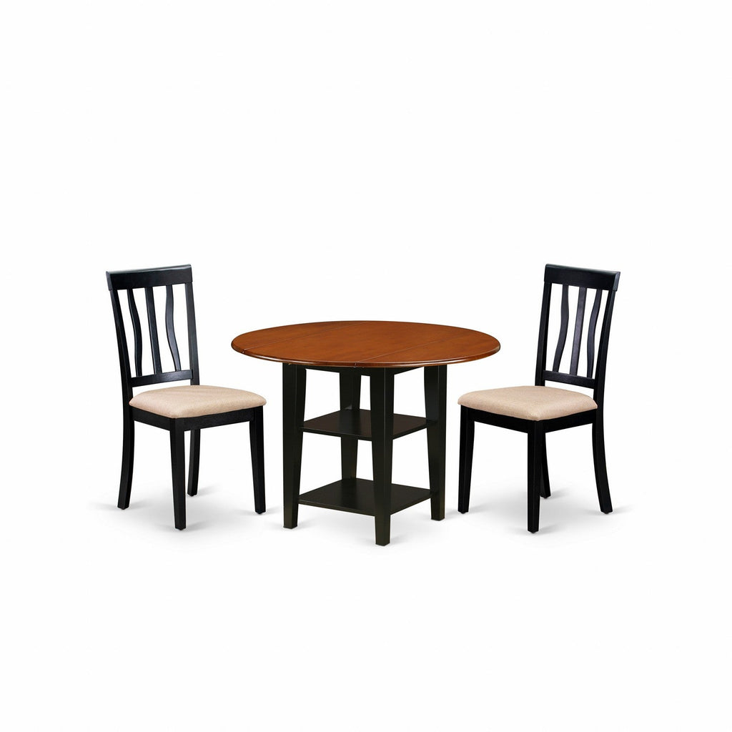 East West Furniture SUAN3-BCH-C 3 Piece Dining Room Table Set Contains a Round Kitchen Table with Dropleaf & Shelves and 2 Linen Fabric Upholstered Chairs, 42x42 Inch, Black & Cherry