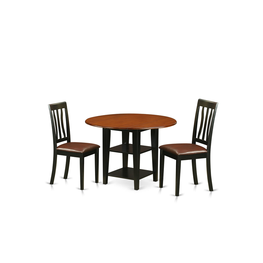 East West Furniture SUAN3-BCH-LC 3 Piece Dining Room Furniture Set Contains a Round Dining Table with Dropleaf & Shelves and 2 Faux Leather Upholstered Chairs, 42x42 Inch, Black & Cherry