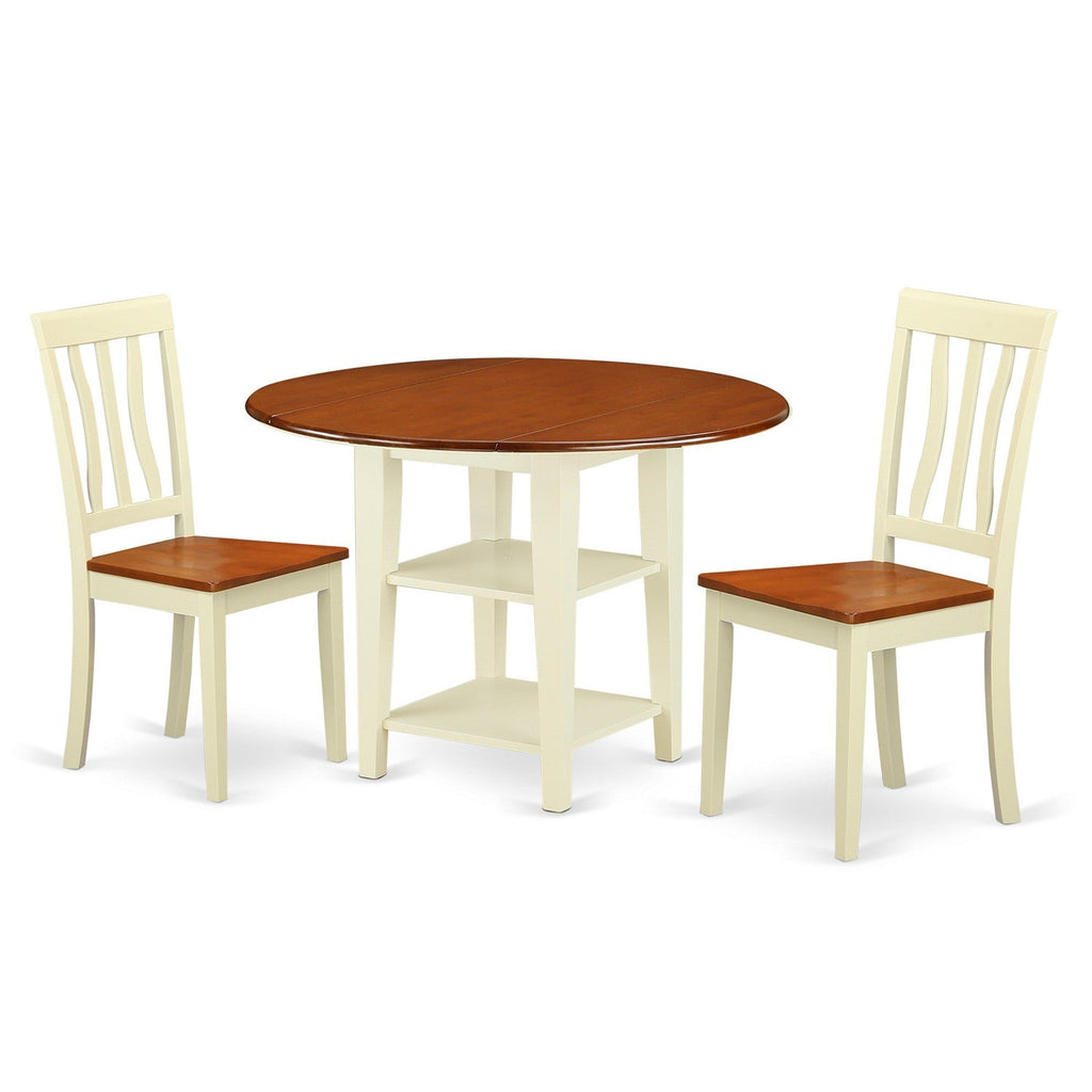 East West Furniture SUAN3-BMK-W 3 Piece Dining Room Table Set Contains a Round Dining Table with Dropleaf & Shelves and 2 Wood Seat Chairs, 42x42 Inch, Buttermilk & Cherry