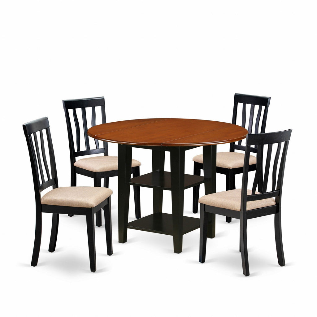 East West Furniture SUAN5-BCH-C 5 Piece Kitchen Table & Chairs Set Includes a Round Dining Table with Dropleaf & Shelves and 4 Linen Fabric Dining Room Chairs, 42x42 Inch, Black & Cherry